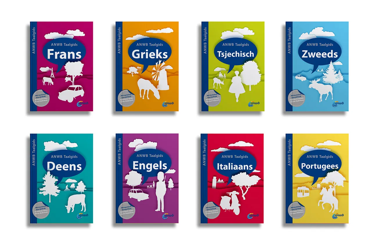 Eight of the sixteen ANWB language guide covers