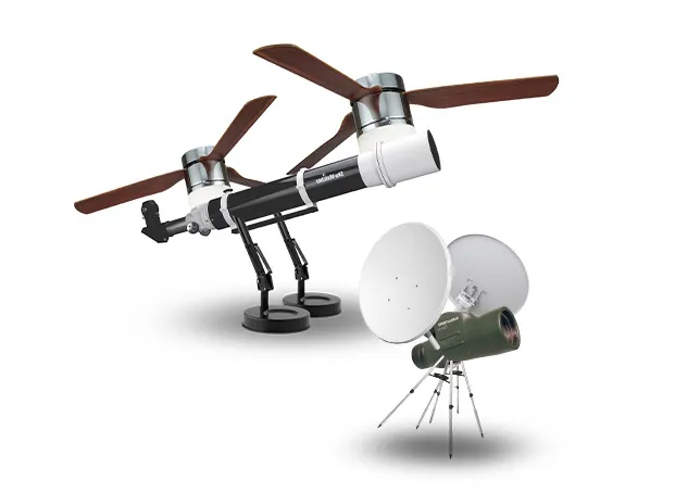 A creature with propellers, a satellite dish and a lens