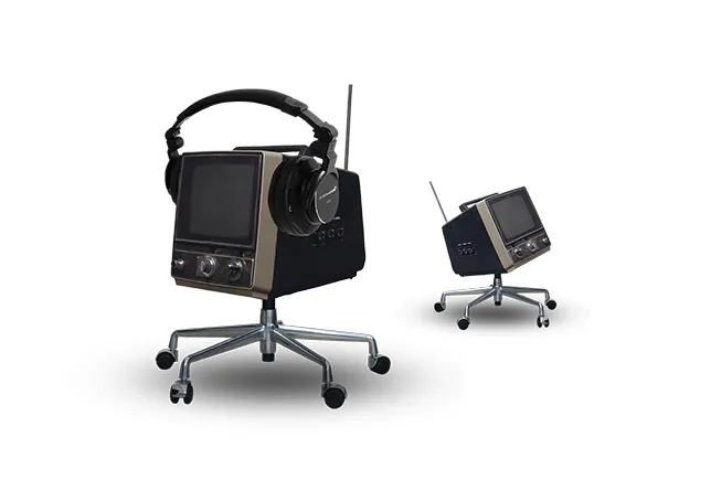 An office chair carrying an old television