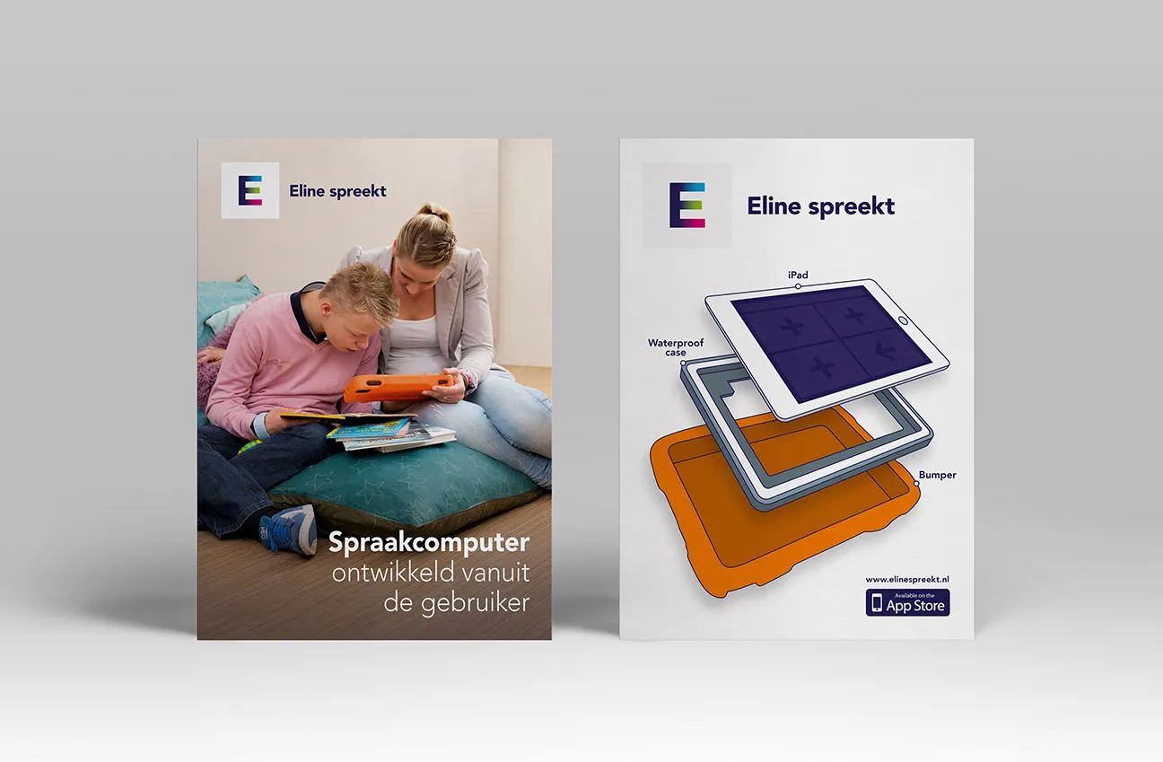 Two Eline Spreekt leaflets: a young user and a carer with the iPad, and an exploded drawing of iPad, waterproof case and bumper