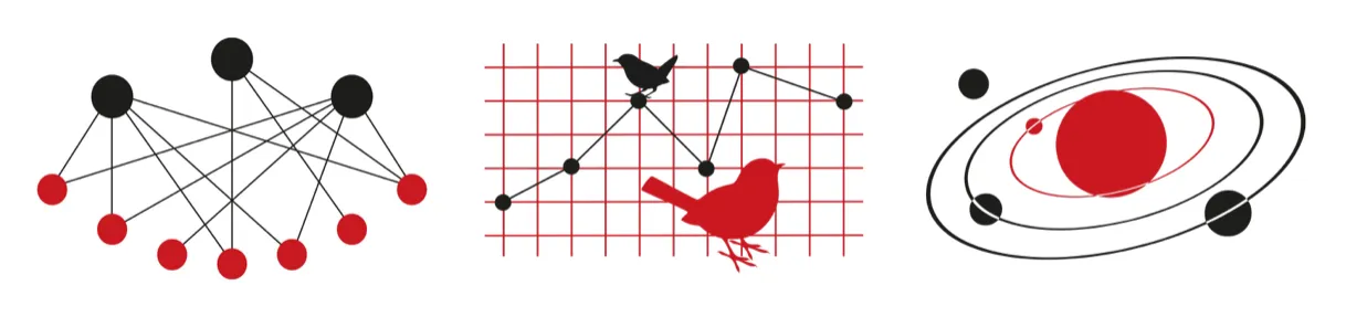 Three editorial illustrations in red and black